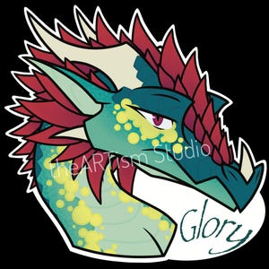 May include: A stylized dragon head sticker with a teal and yellow body, red frills, and white accents. The dragon has a stern expression with a purple eye. The word "Glory" is written in a script font. The text "theARTism Studio" is also present.