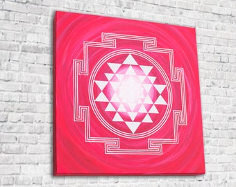 Sri Yantra original painting, Mandala painting, Yoga wall decor, Sacred Geometry, Spiritual gift, Pink/magenta wall art, ShriChakra painting