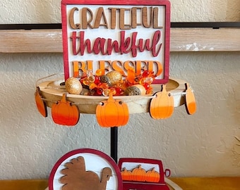 Thankful Grateful Blessed - Thanksgiving Tier Tray Decor - Fall Tiered Tray Bundle - Pumpkin Pie - Fall Themed Tiered  - Turkey Tier Tray