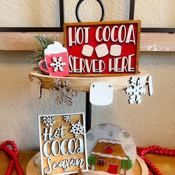 Hot Cocoa Tier Tray - Winter Tiered Tray - Hot Cocoa Signs - Christmas Tiered Tray Bundle - Finished Tiered Tray Set - Home Decor