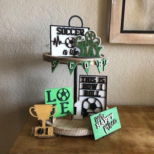 Soccer Tiered Tray Decor - Game Day - Love Soccer - Soccer is Life - Sports Themed Tiered Tray - Finished Tiered Tray Set - Home Decor