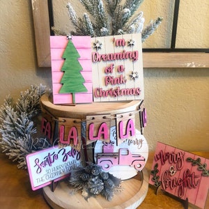 Christmas Tiered Tray Decor - Pink Christmas - Christmas Tree Tiered Tray - Finished Tiered Tray Set - Home Decor - Pink Christmas Decor