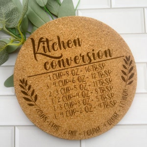 May include: A round cork trivet with the text "Kitchen Conversion" and a list of measurements for cups, ounces, and tablespoons. The trivet also includes the conversions for pints, quarts, and gallons.