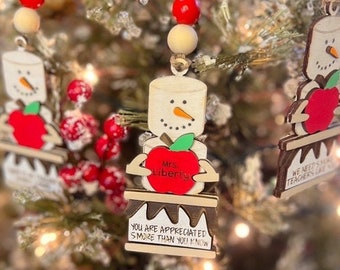 Teacher Ornament - Smores Ornament -  Wooden Hanging Christmas Tree Ornament - Marshmallow Ornament - Teacher Gift - Snowman Ornament