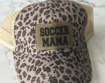Soccer Mama Baseball Hat - Personalized Hat - Trucker Hat - Leather Patch - Fathers Day Gift - Custom Hat - Leopard Hat - Ponytail Cap