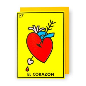 Tarjeta de felicitación El Corazón Risograph - Tarjeta de San Valentín inspirada en la lotería de bingo mexicana