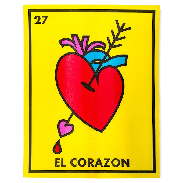 El Corazon - Risograph 5-Color Art Print 11 x 14 - Inspired by Mexican Loteria / Bingo