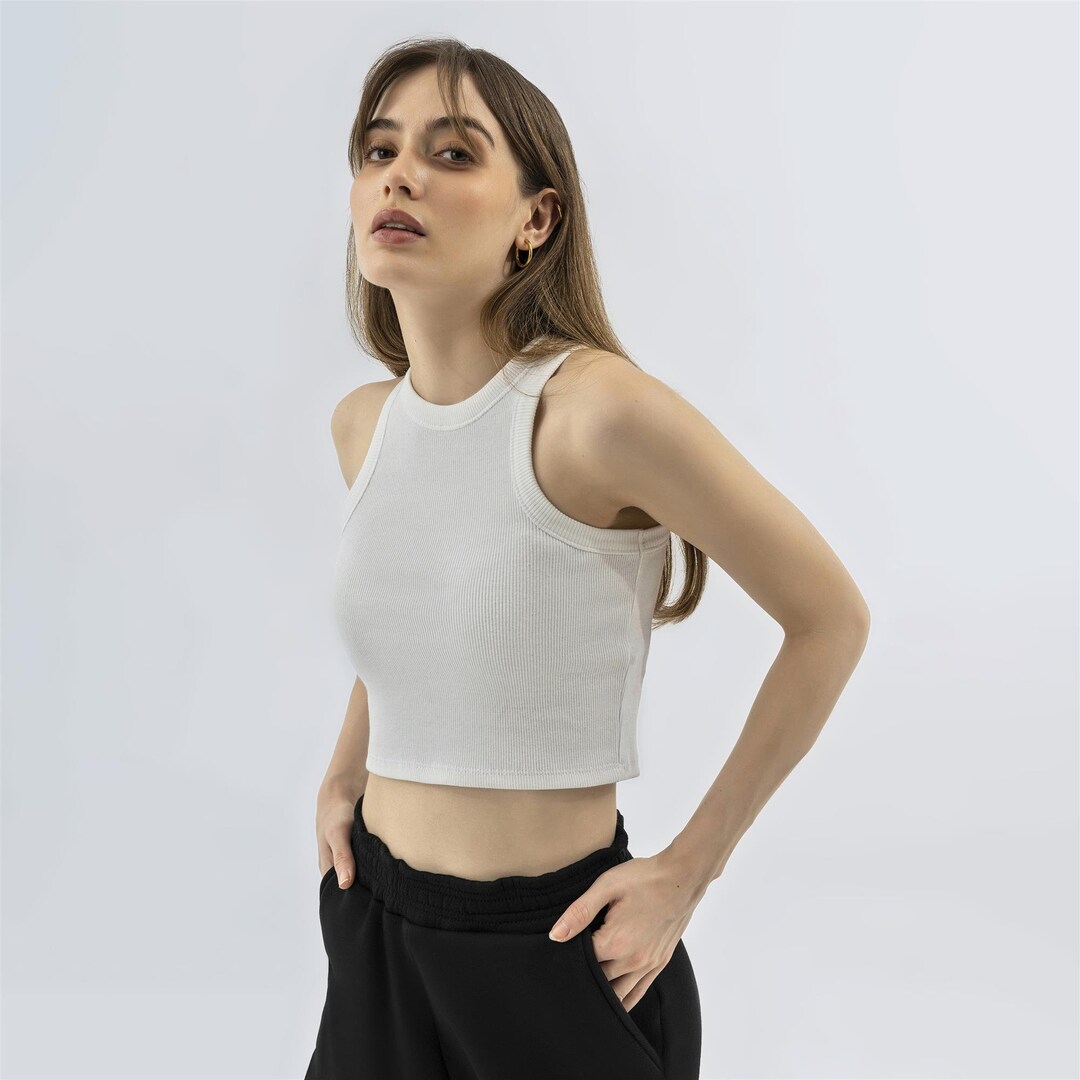 Women's Ribbed Crop Top White, Round Neck Crop Top, Made of Ribbed