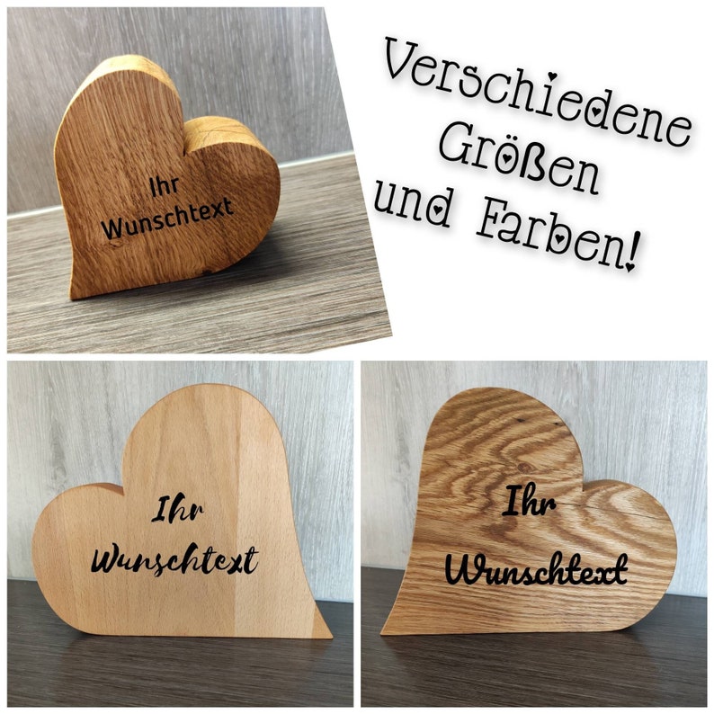 Holzherz mit Wunschtext, Ahorn, Eiche oder Buche, in 21x25 cm, 18x20 cm oder 11x11 cm, Personalisierte Geschenke, Hochzeit, Geburt Bild 1