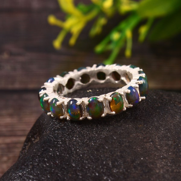 Natural Ethiopian Opal  Eternity Band  925 Silver Band Promise Band Gift For Her Propose Ring Personalized Gifts Black Opal Ring Dainty