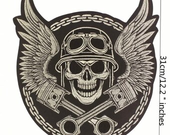 IRON CROSS TWO SKULLS & WINGS IRON-ON SEW-ON EMBROIDERED PATCH 4 1/8"x 2 7/8 " 