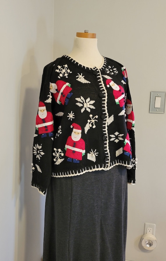 Santa Christmas Sweater/ Cardigan. Vintage, Felt S