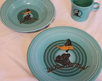 Fiesta Ware-Daffy Duck Warner Brothers Green Plate, Mug, Bowl, 1990s Vintage Ceramic Place Setting. Beautiful Condition