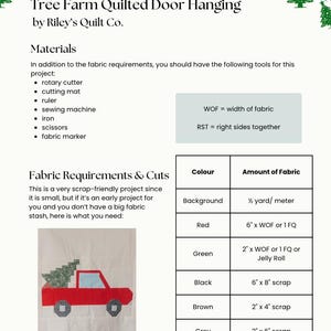 Op de afbeelding: Een gedetailleerde gids voor een "Tree Farm Quilted Door Hanging" project van Riley's Quilt Co. De afbeelding bevat een lijst met materialen, stofvereisten en een kleurentabel. Een rode vrachtwagen vervoert een groene kerstboom.