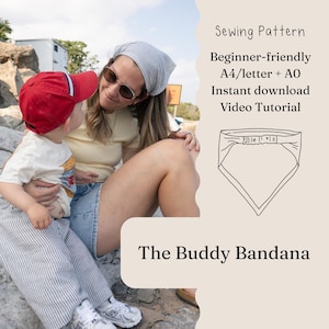 May include: A digital sewing pattern for The Buddy Bandana, featuring a line drawing of a triangular bandana with an elasticized back. The text includes Sewing Pattern, Beginner-friendly, A4/letter + A0, Instant download, and Video Tutorial.