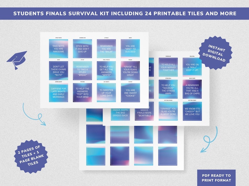 Blue Gradient Finals Survival Kit Printables, Final Exams Care Package