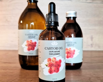 Huile de ricin pressée à froid, 100% huile de graines de Ricinus communis, bouteille en verre de 500 ml/250 ml/100 ml