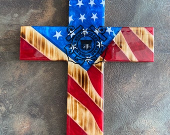 US coast guard American flag cross, coast guard gift, coast guard veteran, military gift, coast guard decor, military decor, veteran gift