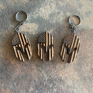 American flag Spartan helmet keychain. Perfect patriotic gift.