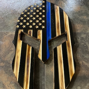 Thin blue line Spartan helmet, back the blue gift, flag wall hanging,