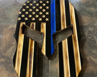 Thin blue line Spartan helmet, back the blue gift, flag wall hanging,