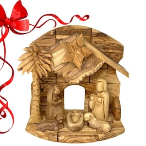 Presepe musicale natalizio in legno d&#39;ulivo scolpito a mano a Betlemme Terra Santa