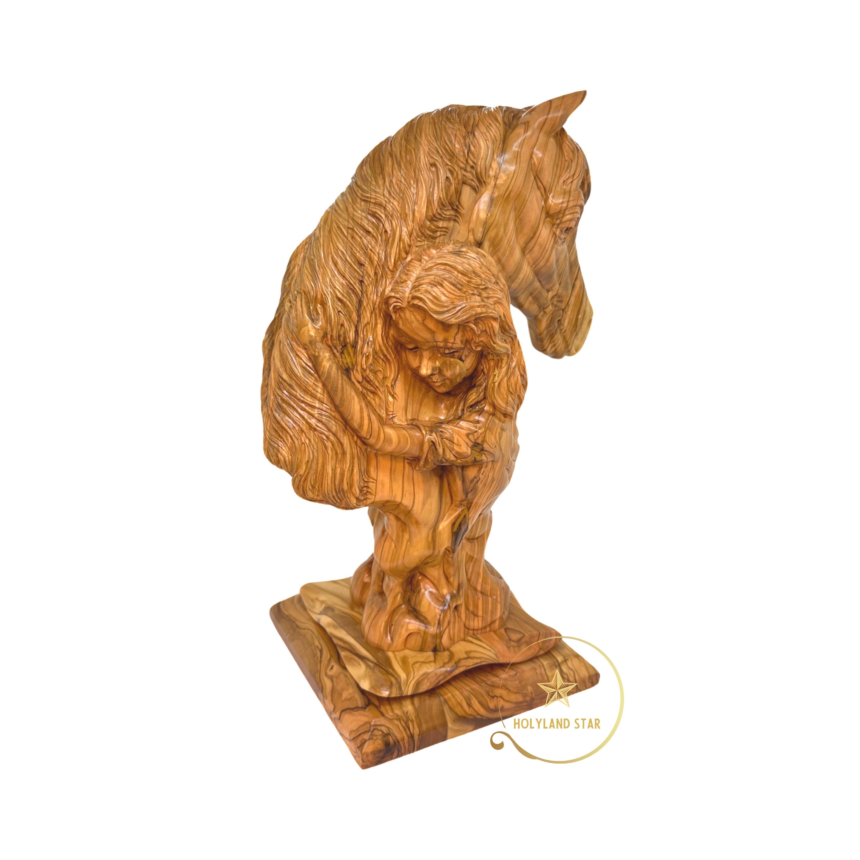 Girl Hugging Horse Olive Wood Statue