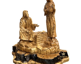Woman at the Well Olive Wood Hand Carved, Jesus and Samaritan Woman