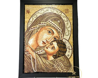 Virgin Mary with Baby Jesus Mosaic, Handmade Madonna and Child Stone Wall Art