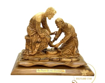 Hand Carved Olive Wood Statue: Jesus Washing Disciples Feet, Holy Land Decor