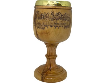 Handmade Olive Wood Chalice: Last Supper Engraving, Jerusalem Cross