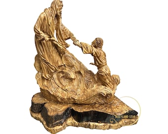 Jesus Walking on Water Olive Wood Hand Carved Sculpture, Miracle of Christ Religious Gift