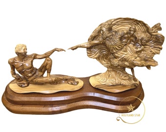 The Creation of Adam Divine Connection Olive Wood Hand Carved Statue