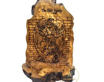 Holy Family Olive Wood Plaque, Christian Devotional Art, Natural Grain Home Decor