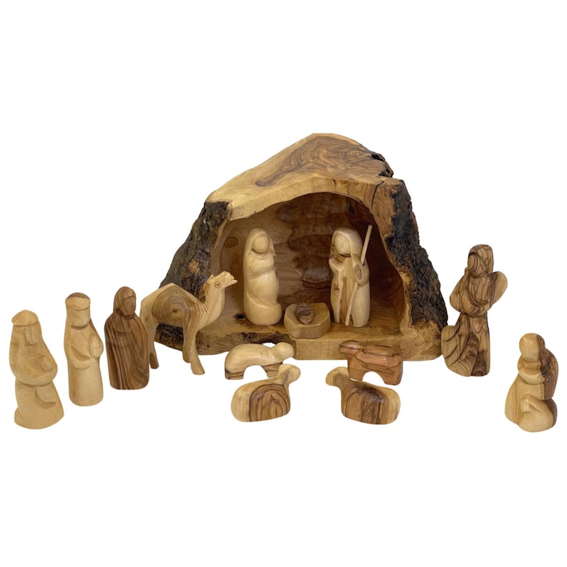 Christmas Nativity Set Olive Wood Cave 14 pieces hand carved in Bethlehem image 1