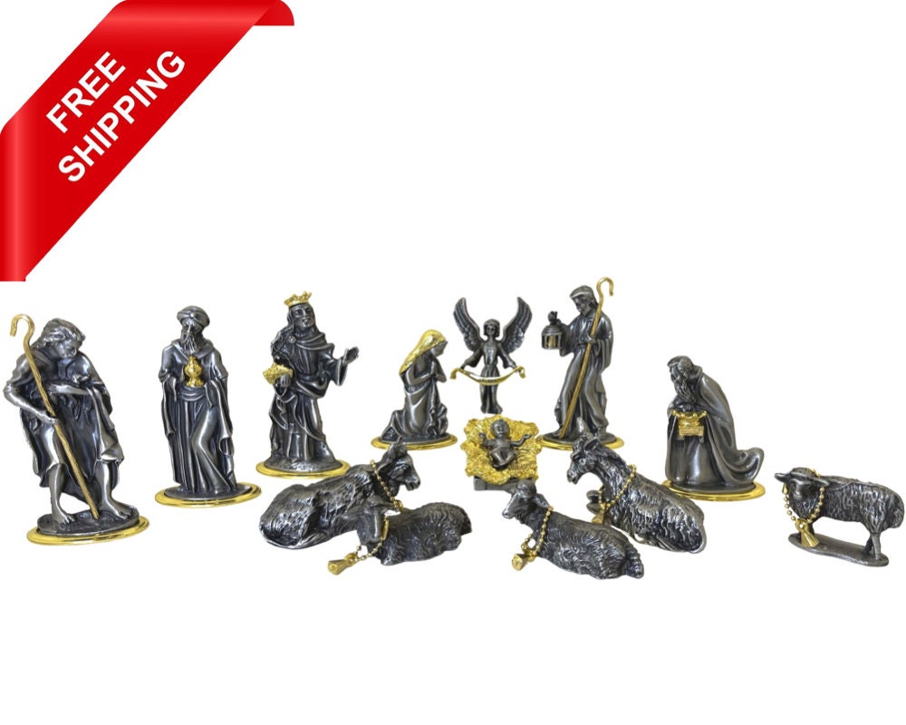 Christmas Nativity set pewter 24k gold plated with Creche Etsy
