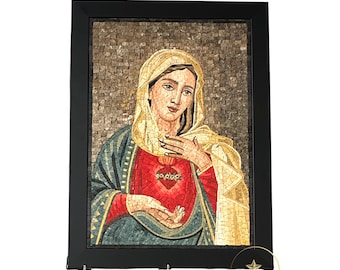 Virgin Mary Sacred Heart Mosaic Handmade Jerusalem Stone