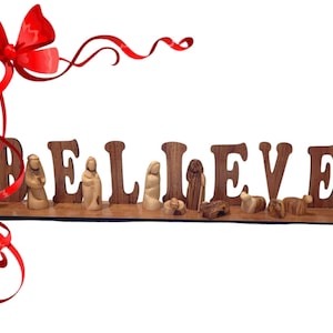 Believe Zeichen Krippe Set Olivenholz handgeschnitzt in Bethlehem Holy Land, Laser geschnittenes Wort Zeichen