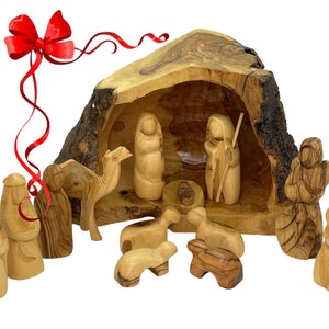 Christmas Nativity Set Cave 14 pieces olive wood hand carved in Bethlehem | CHRISTMAS GIFTS