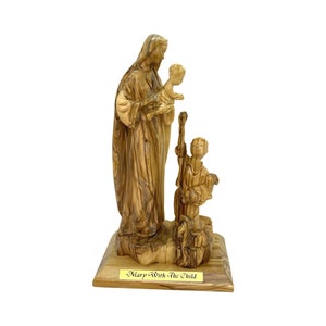 Blessed Virgin Mary Statue, Mary with the Child and Lamb Christian Religious Olive Wood Statue, Innocence, Decoration Gift