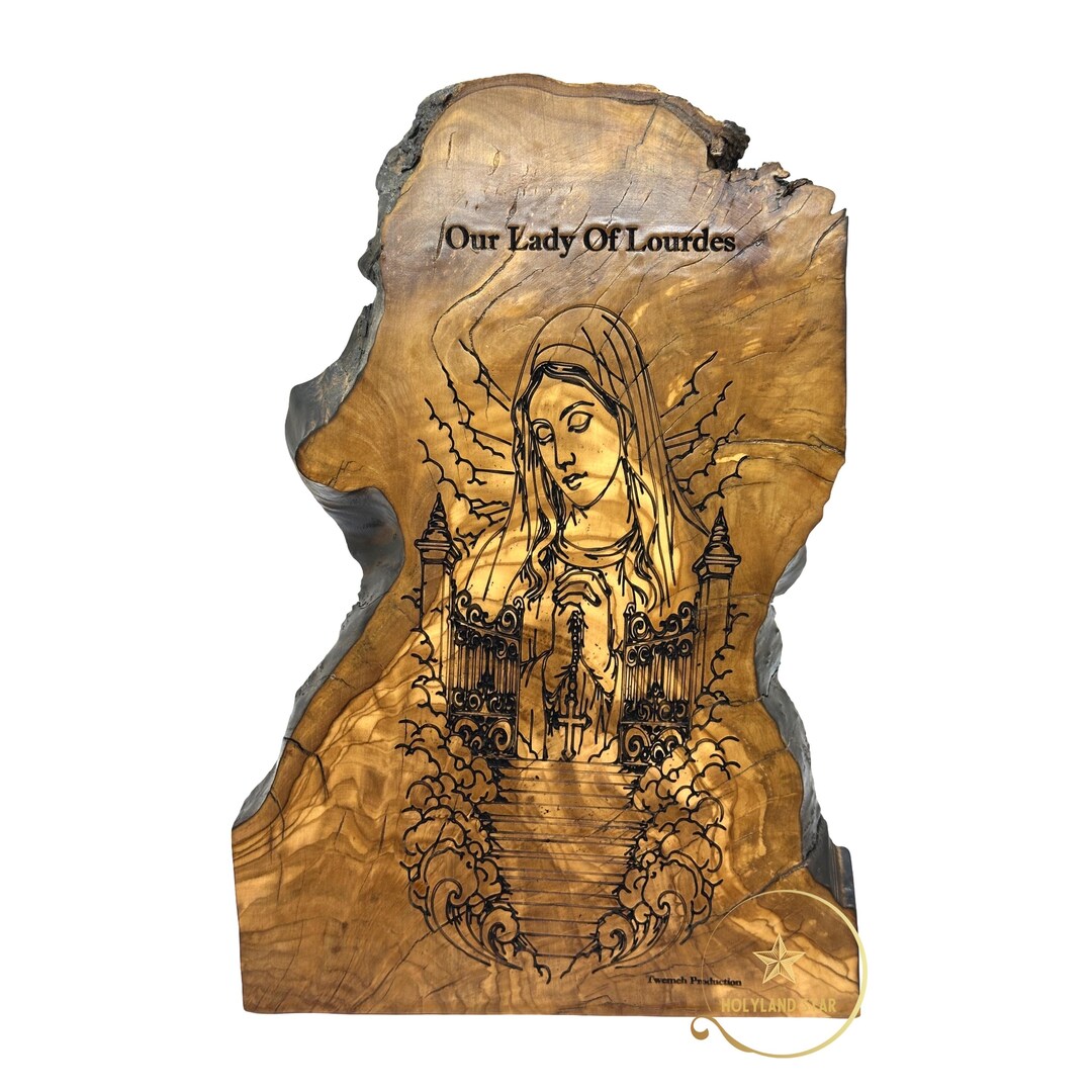 Our Lady of Lourdes Olive Wood Carving Plaque Artwork, Handmade ...