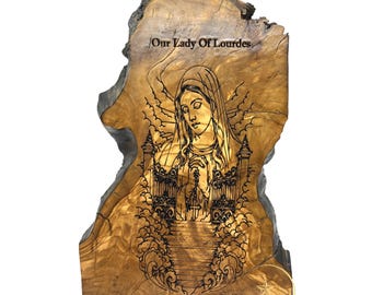 Our Lady of Lourdes Olive Wood Carving Plaque  Artwork, Handmade Religious Art