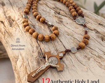 12 Olive Wood Saint Benedict Rosary, Handmade Catholic Prayer Beads