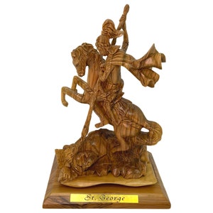 Saint George hand carved olive wood, St. George Artistic Statue, Slaying Dragon Sculpture, Holy Land