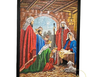 Handmade Jerusalem Stone Nativity Mosaic Wall Art, Holy Family Christmas Decor