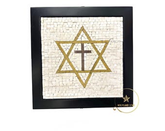 Star of David Jerusalem Stone Mosaic, mosaic cross, Framed Jewish Wall Art