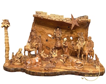 Hand Carved Olive Wood Nativity Set: Christmas Creche Scene with Three Kings