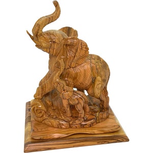 Olive Wood Elephant Sculpture, Feng Shui, Wealth Lucky Elephant With Trunk Facing Upwards, Hand Carved Unique Home Decor, Holy Land Craft