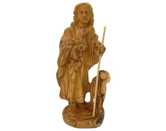 Standbeeld van de goede herder Christus met lam, handgesneden olijfhout Heilige Land