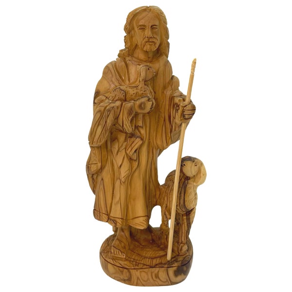 The Good Shepherd Christ with Lamb Statue Hand Carved Olive Wood Holy Land